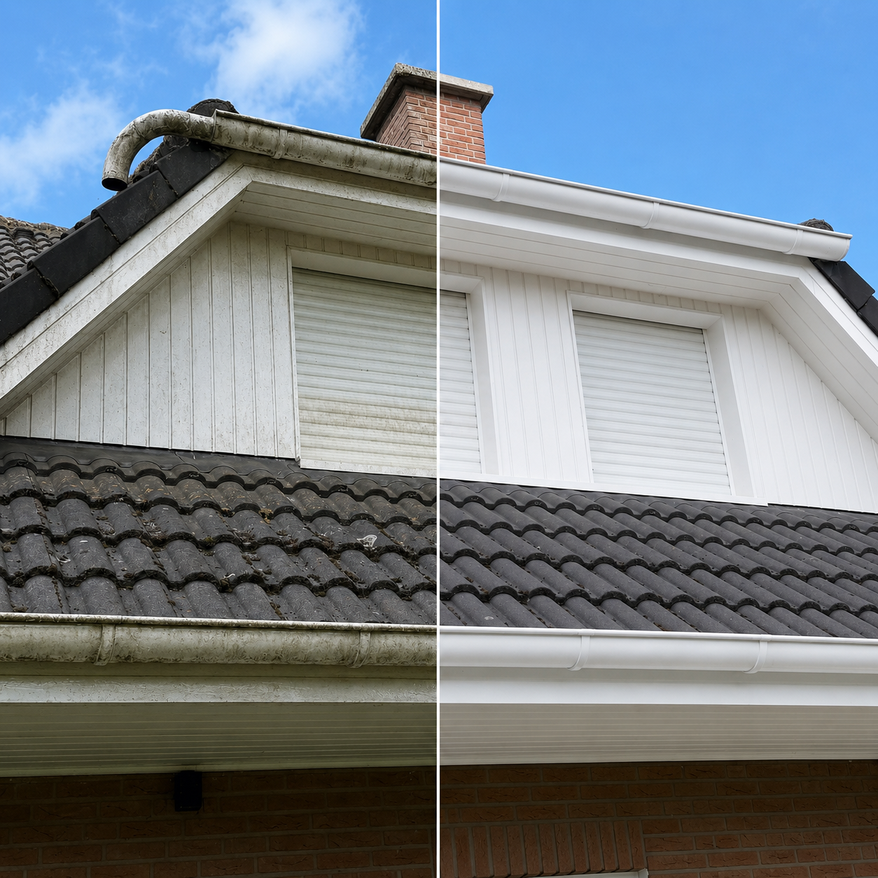 Voor en na reiniging van een witte dakkapel en boeidelen